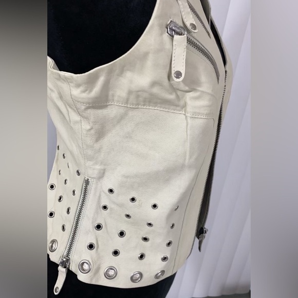 BLANC NOIR Sample Peek A Boo Leather Studded Grommet Vest Pockets Bone White S - Picture 11 of 13